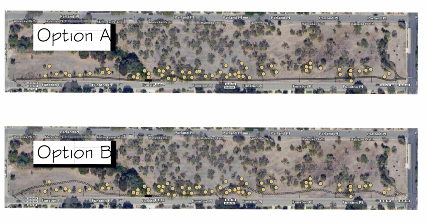 The image shows 2 options for the new Mahnke Park trail - The trail in Option A will run close to Funston Place with few trees between the trail and road offering a clear view of the trail from the street. The trail in Option B will deviate slightly from Funston Place with more trees between the trail and road offering additional coverage over and beside the trail.