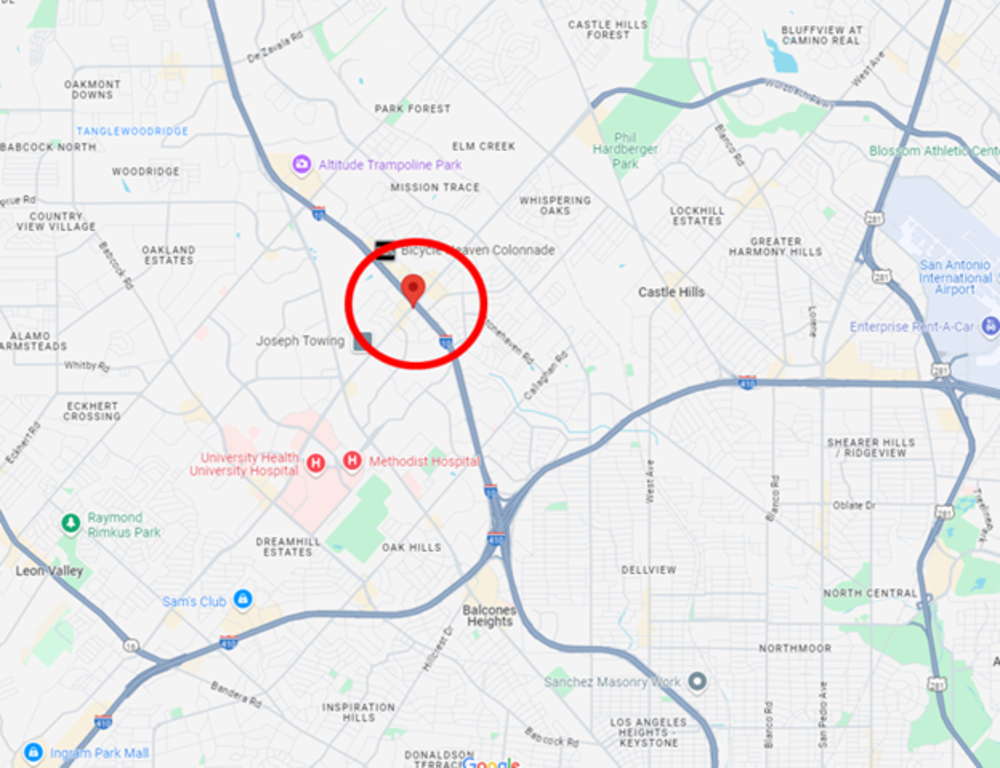 Map of the Wurzbach and I-10 intersection. A red circle indicates the project location at 31396 Turnaround, San Antonio, TX 78230.